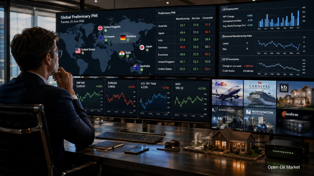 অর্থনৈতিক ঘটনা এবং কর্পোরেট প্রতিবেদন: মঙ্গলবার, ২৩ জুন ২০২৬ – বৈশ্বিক PMI, মার্কিন শ্রমবাজার, FedEx, Carnival এবং KB Home